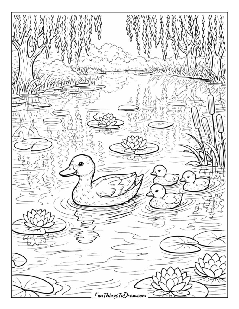 Duck Family Pond coloring page