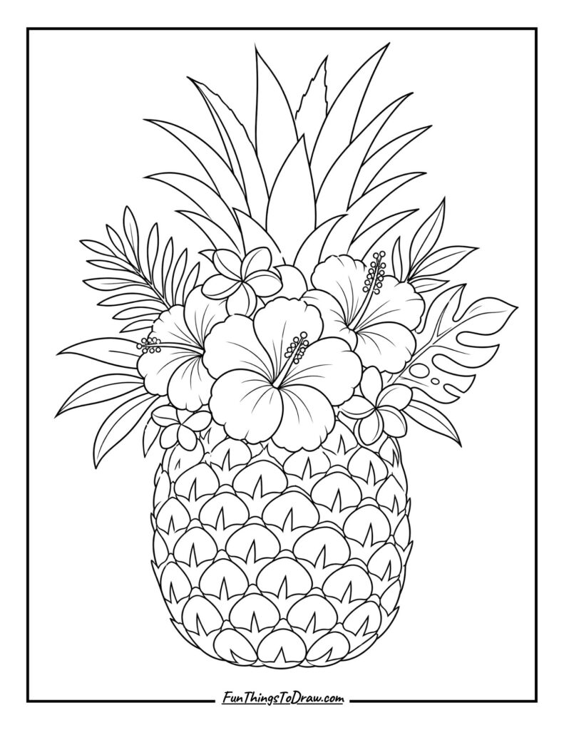 Pineapple with a Crown of Flowers coloring page