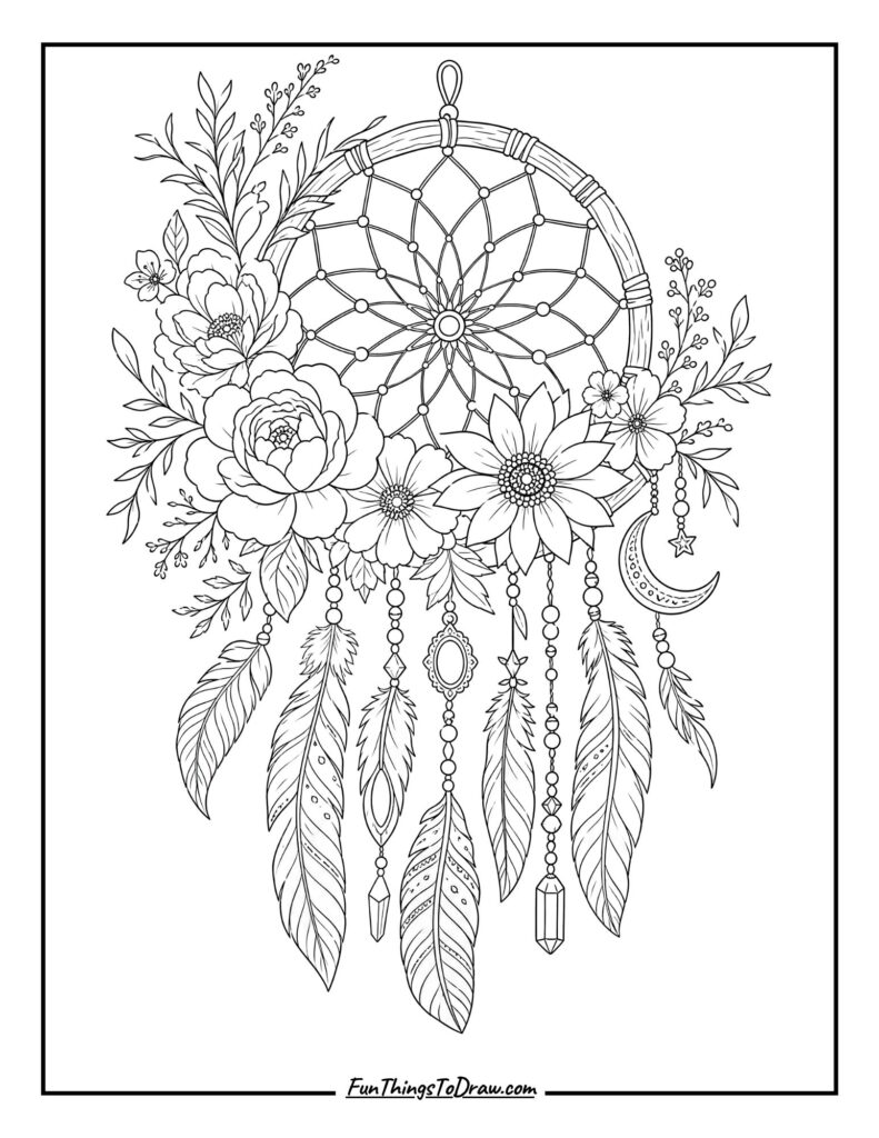 Bohemian Floral Dreamcatcher Coloring Page