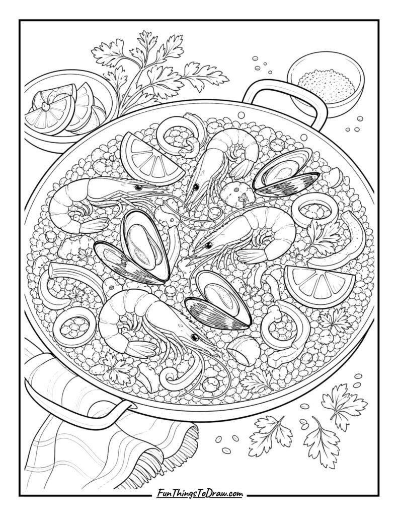 Seafood Paella coloring page in summer