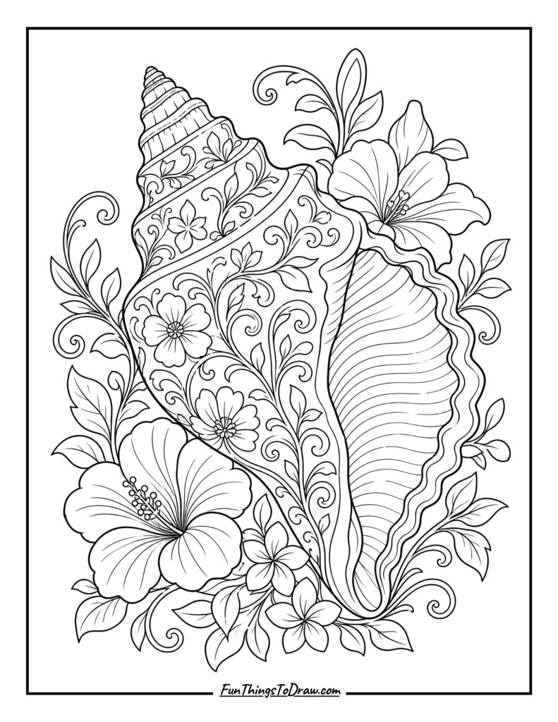 Conch Shell with Floral Accents coloring page