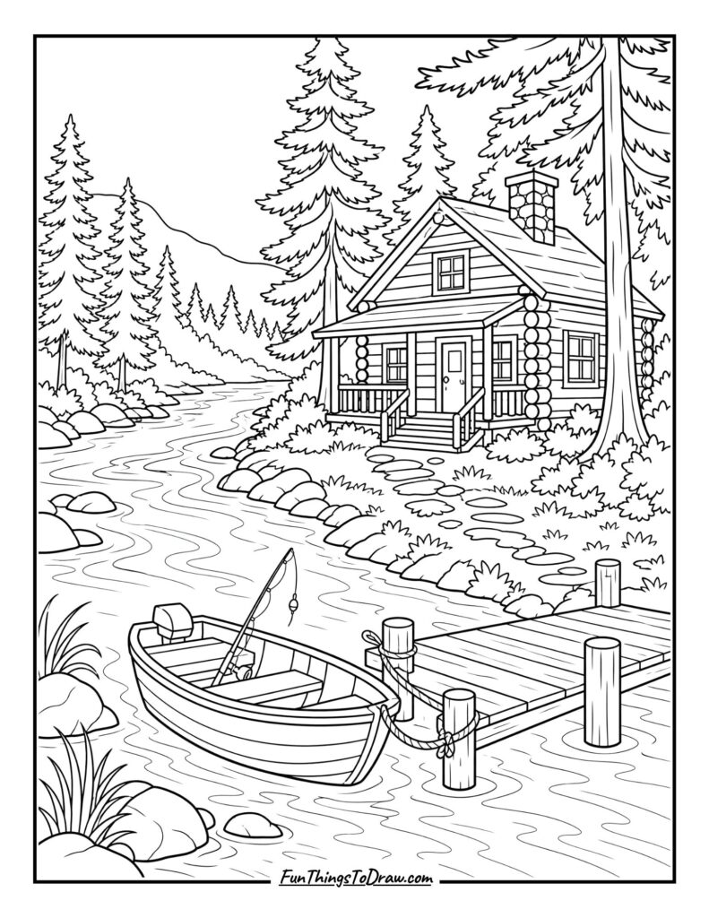 Riverside Log Cabin Coloring Page
