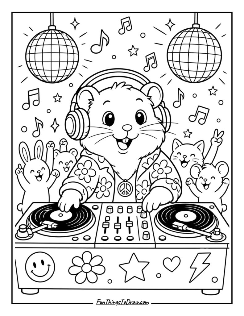 Coloring page of Hamster DJ Spinning Records