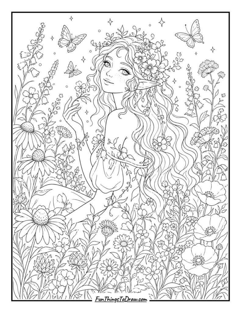 Meadow Nymph with Flowers coloring page