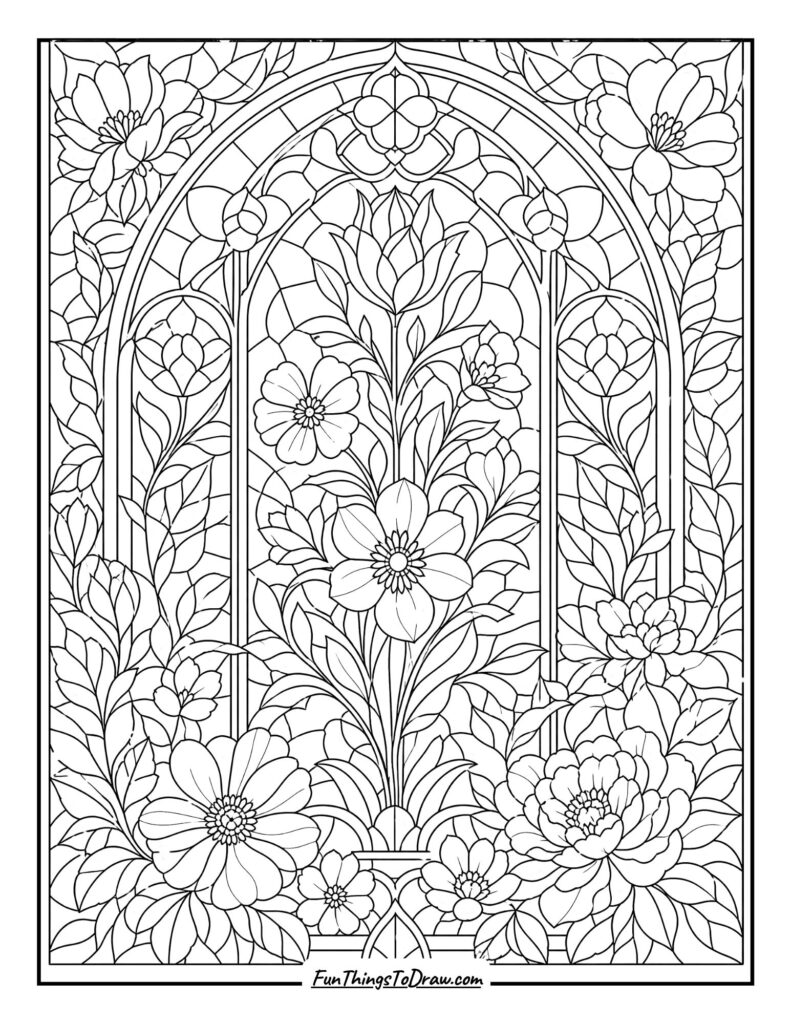 Floral Stained Glass Window coloring sheet