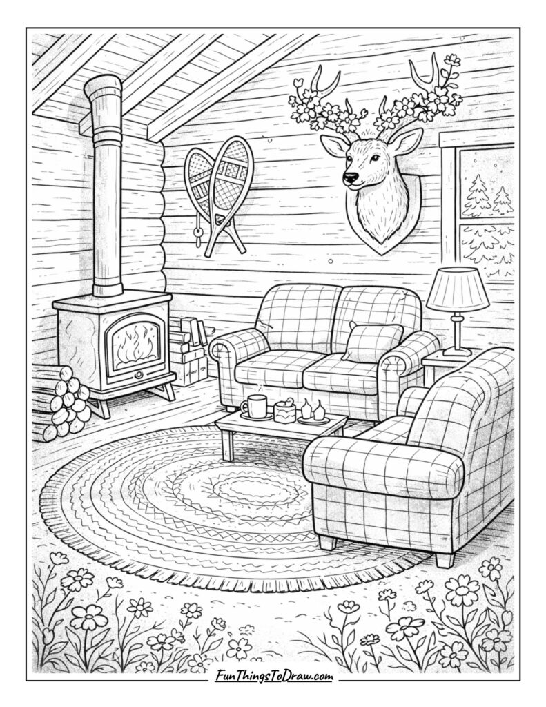 Log Cabin Lounge Coloring Page