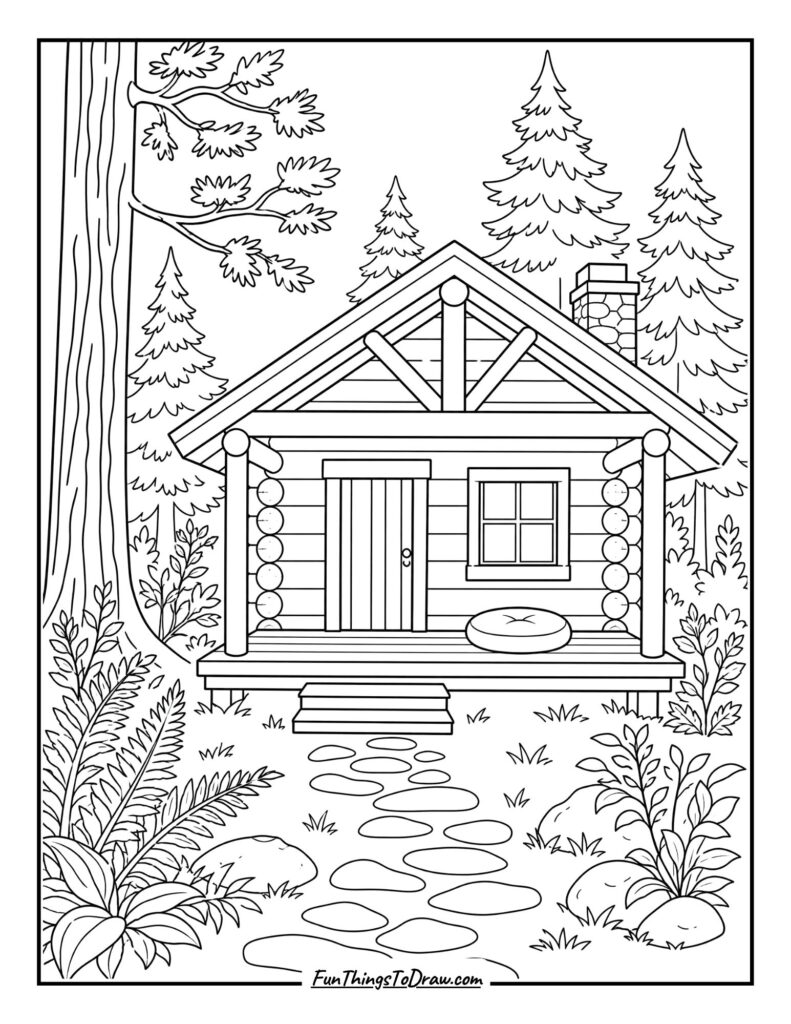Meditation Log Cabin Coloring Page for Adults