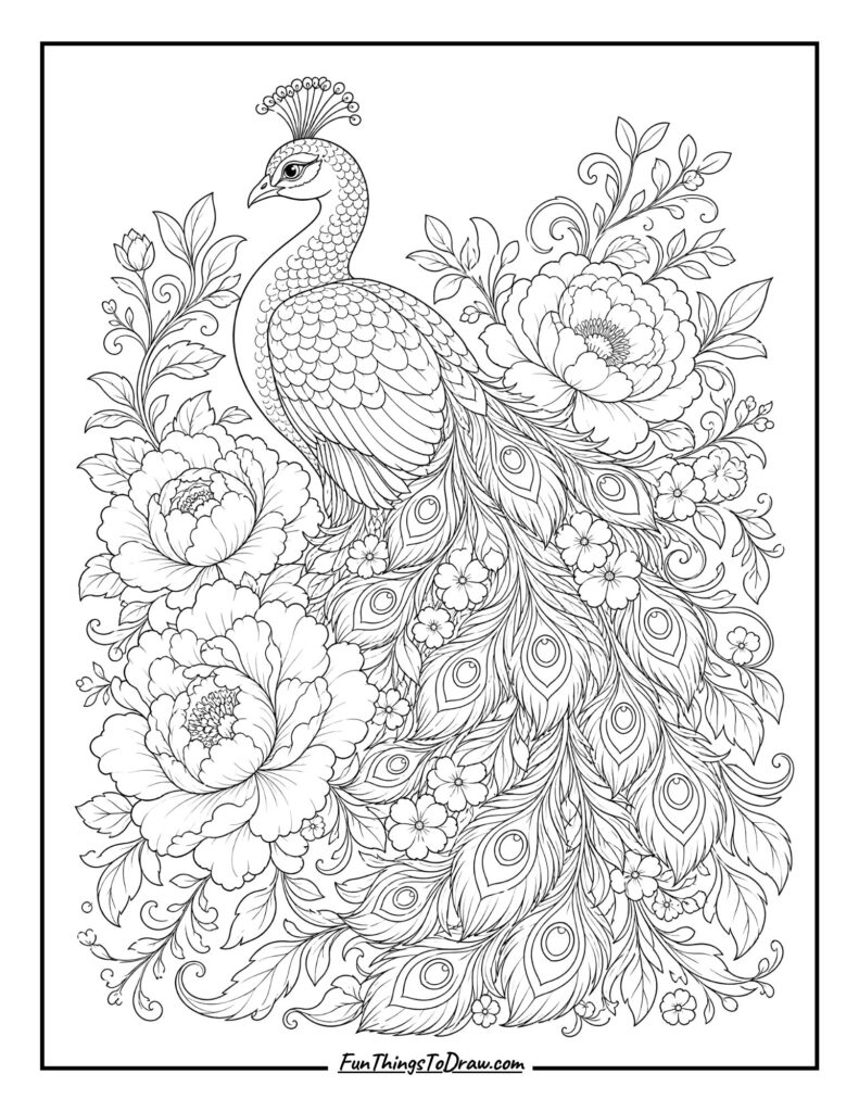 Peacock with Floral Feathers coloring page