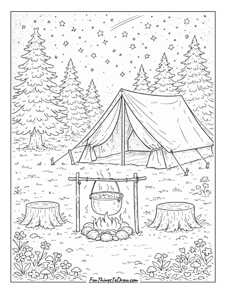 Starlit Campsite Coloring Page