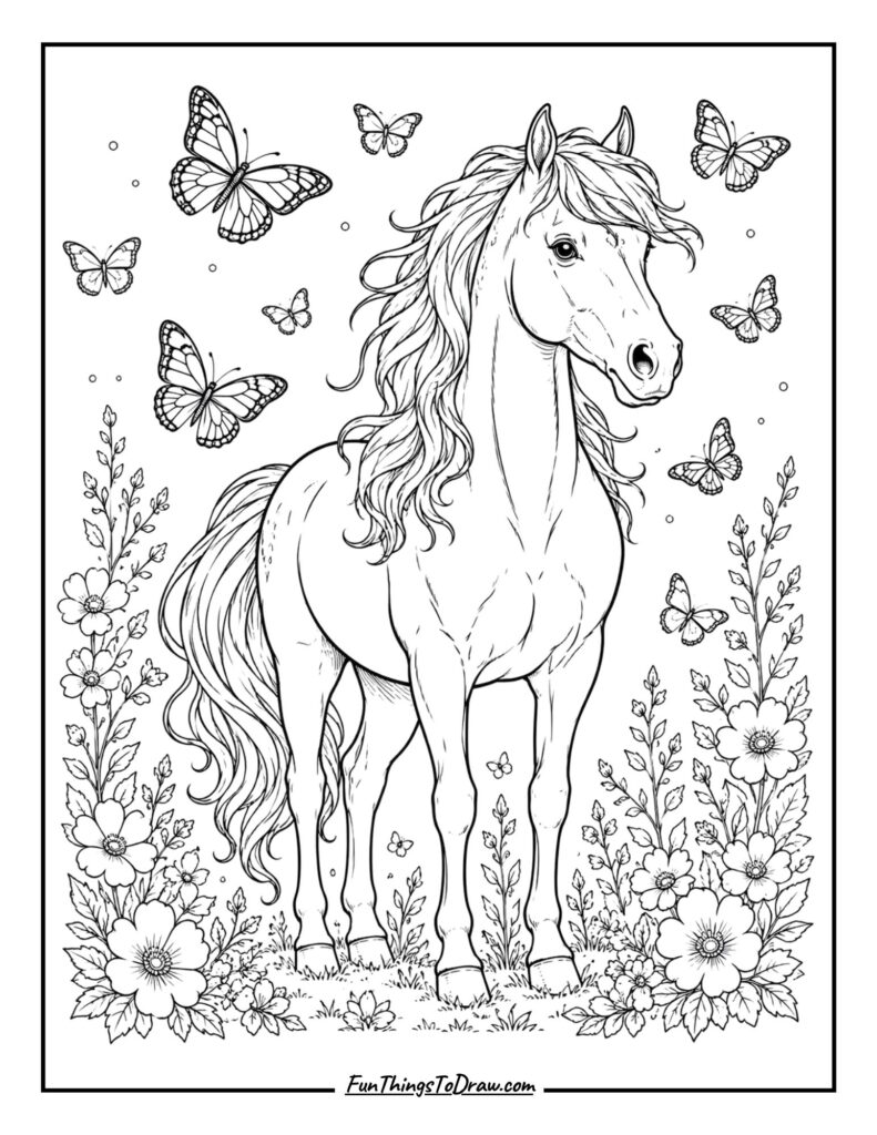 Horse with Butterflies coloring page