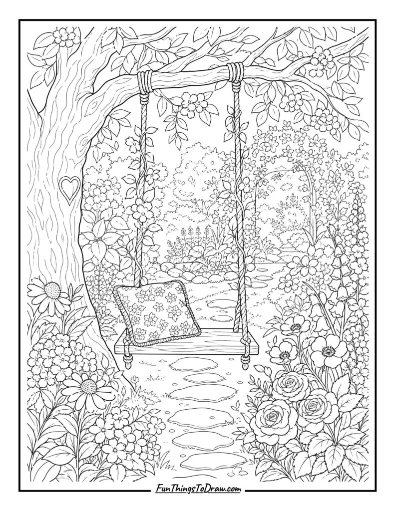 Floral Swing in a Secret Grove coloring page