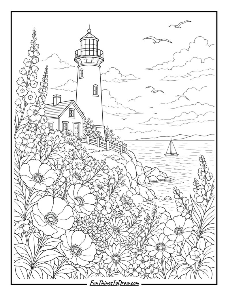 Floral Lighthouse by the Sea coloring sheet