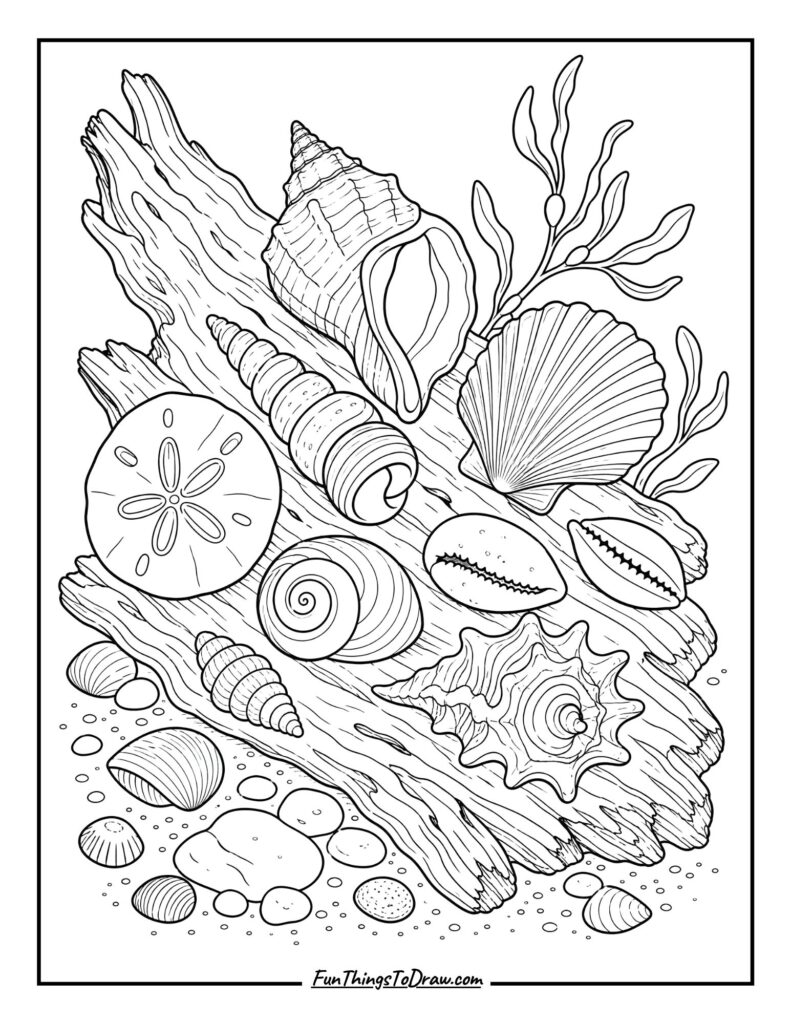 Seashells on a Driftwood Branch coloring page