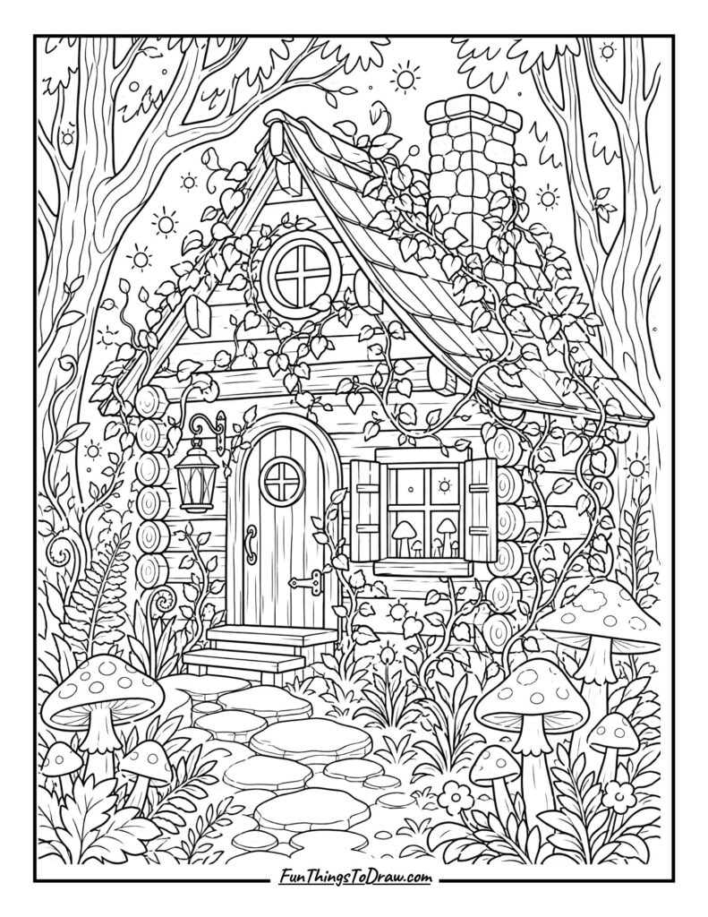 Forest Log Cabin Coloring Page
