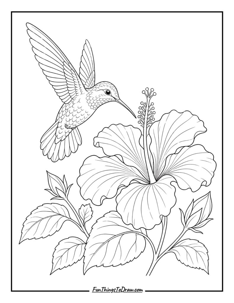 Hummingbird and Hibiscus coloring page