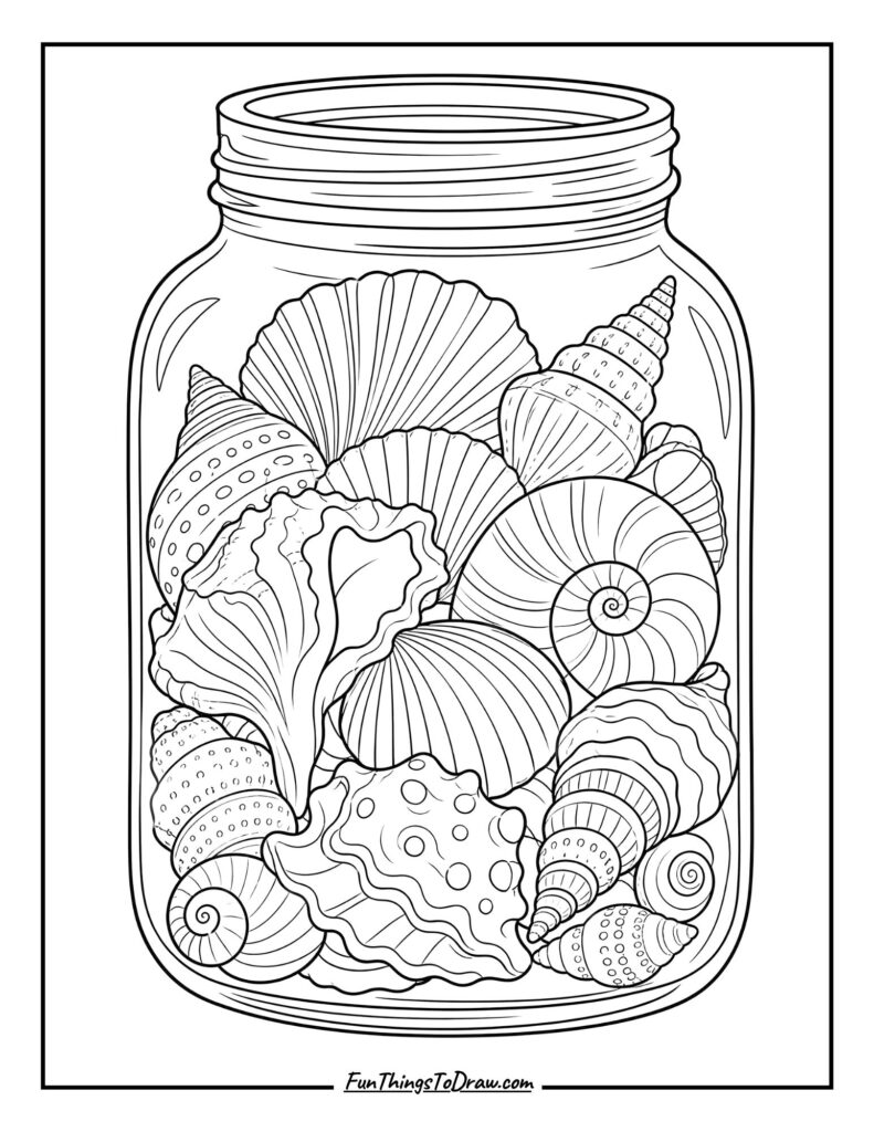 Seashells in a Glass Jar coloring page