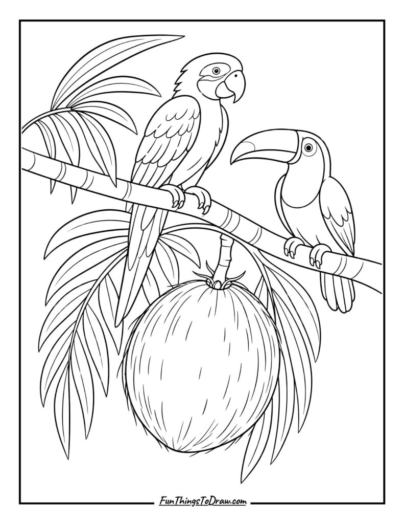 Coconut with Birds Coloring Page
