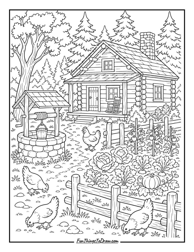 Rustic Homestead Coloring Page