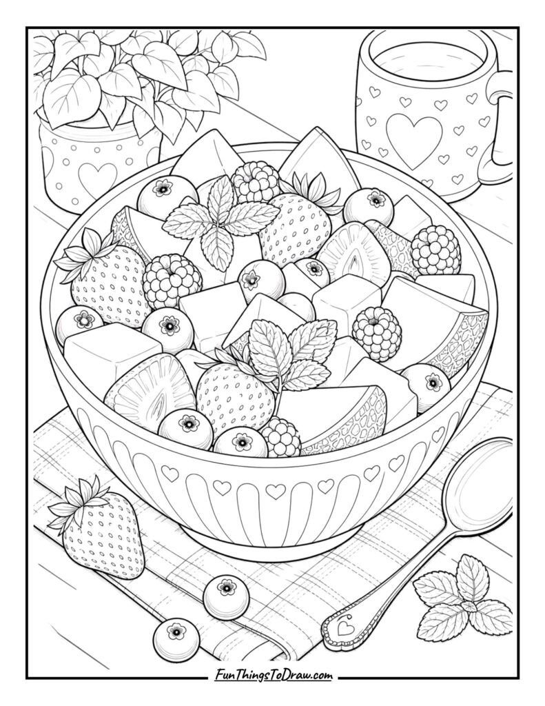 Fruit Salad Bowl (summer food coloring page)