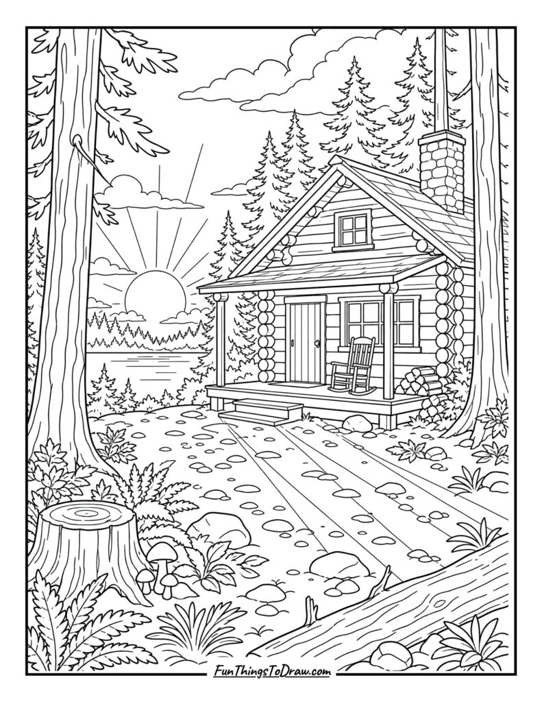 Sunset Glow Cabin Coloring Page