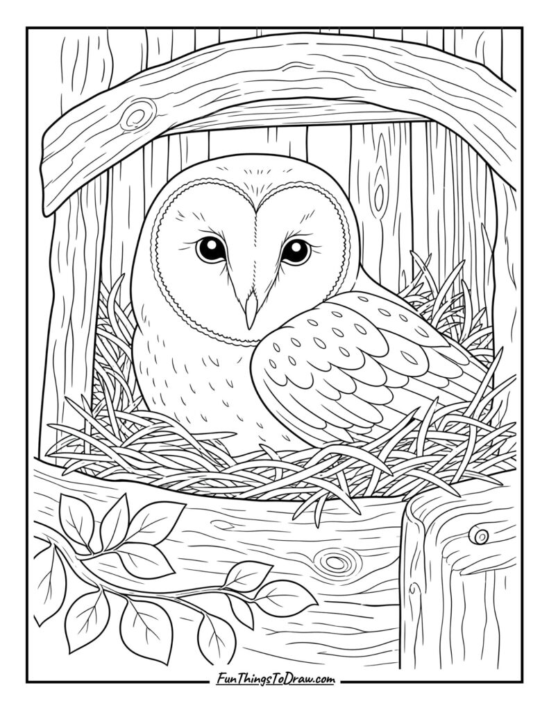 Barn Owl in a Cozy Nest coloring page