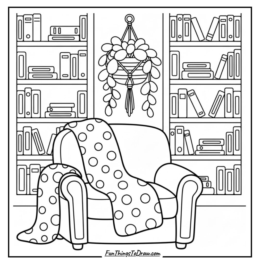 Boho Reading Nook Coloring Page