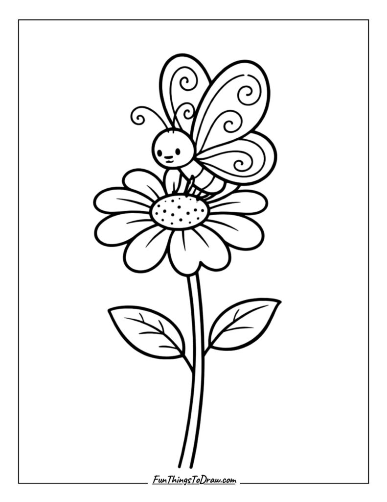 Butterfly on Daisy Flower Coloring Page