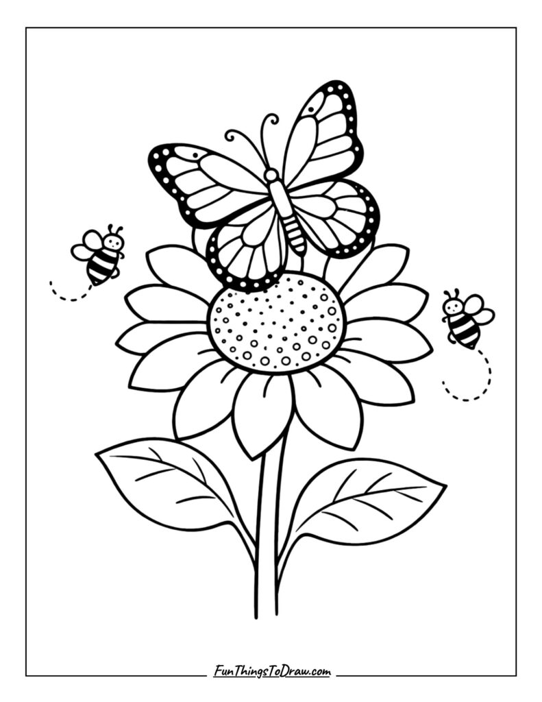 Butterfly on Sunflower with Bees Coloring Page