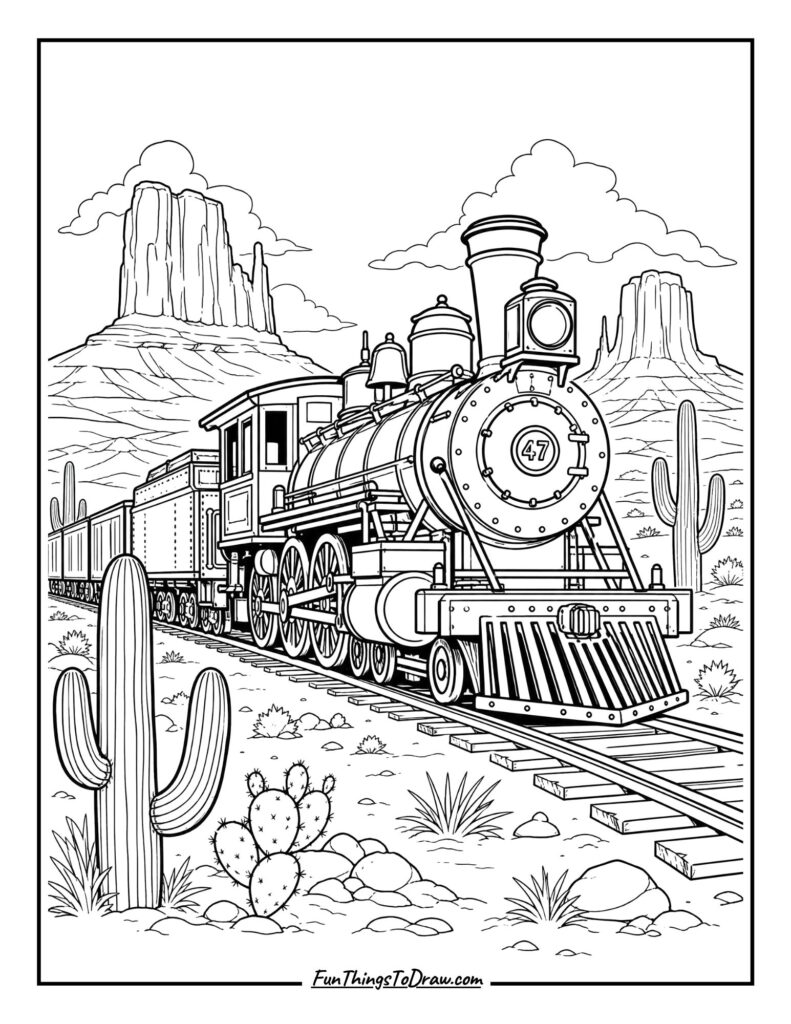 Desert Train Journey coloring page