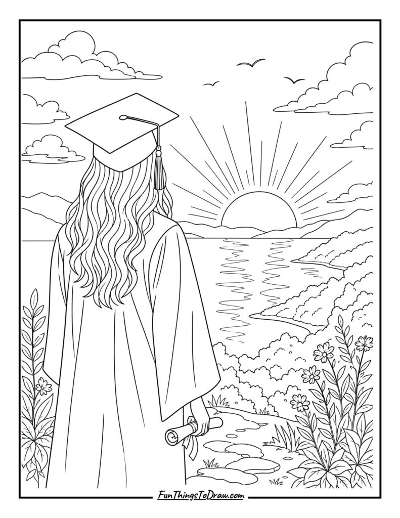Graduate Silhouette at Sunset coloring page