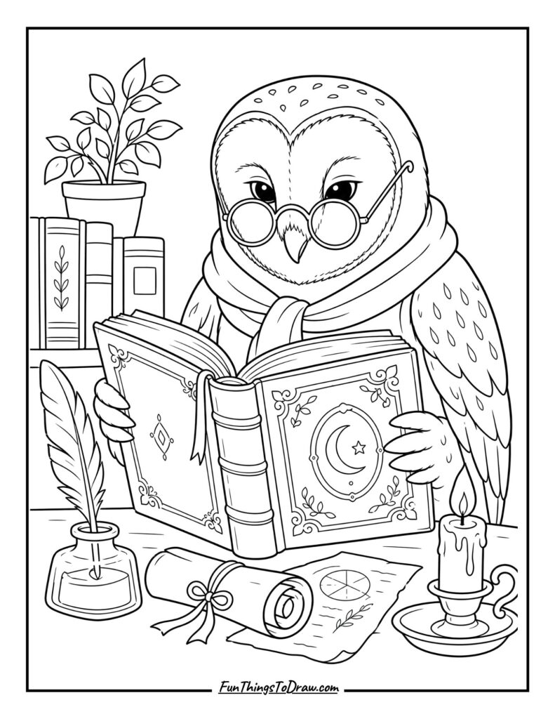 Barn Owl with a Book coloring page