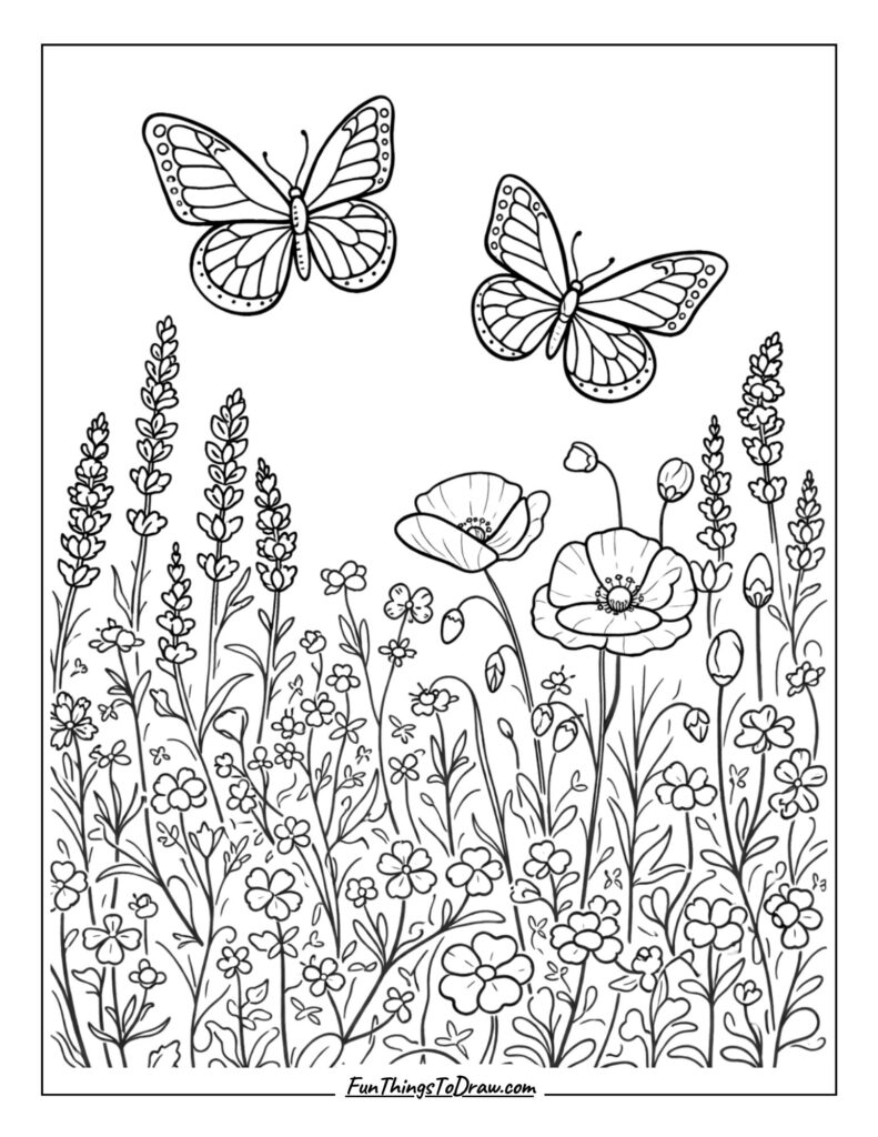 Butterflies in Wildflower Meadow Coloring Page