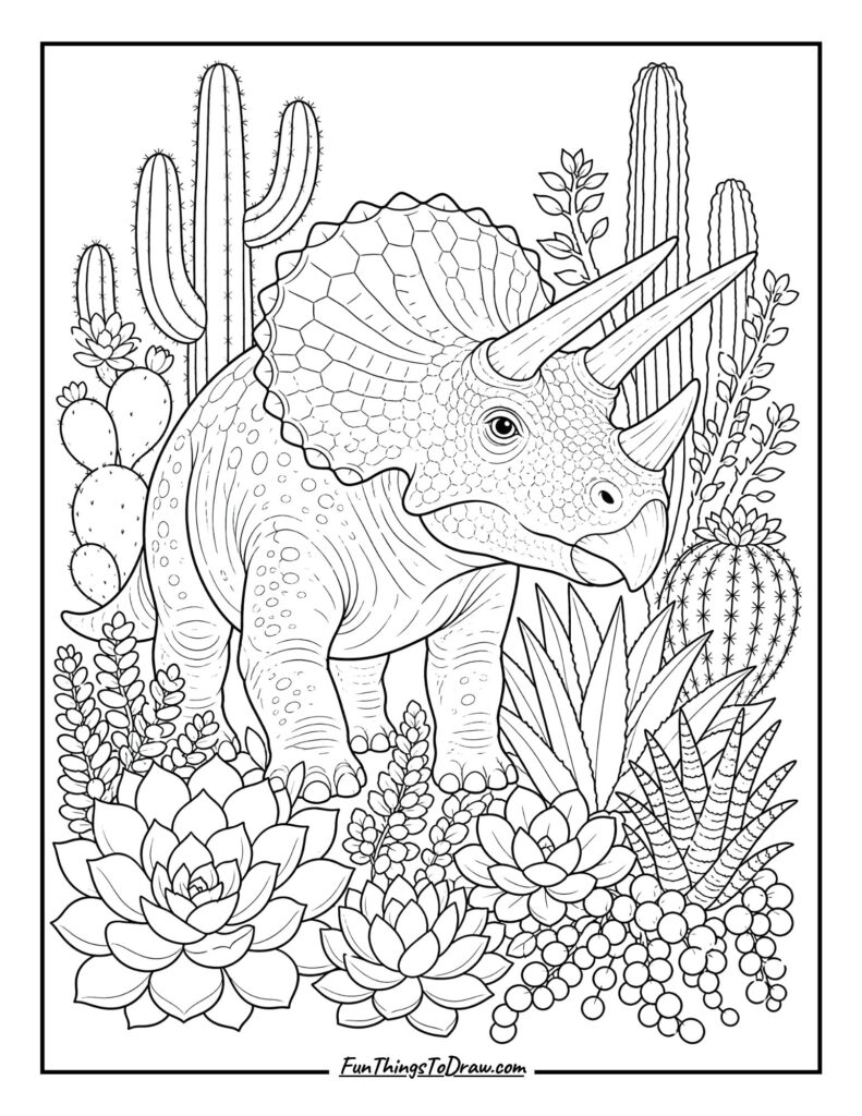 Triceratops and Succulents coloring page