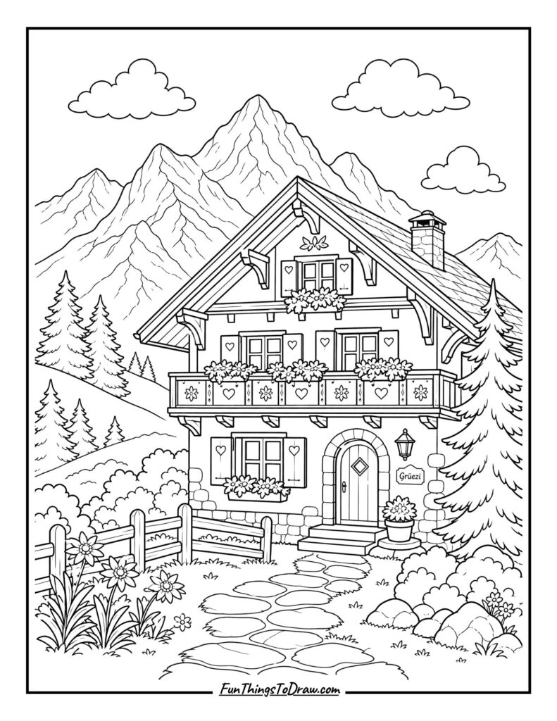 Swiss Chalet Mountain View Coloring Page
