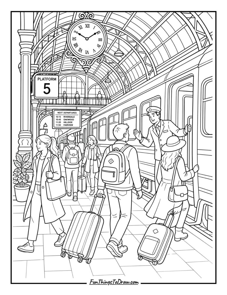 Train Station Bustle coloring page