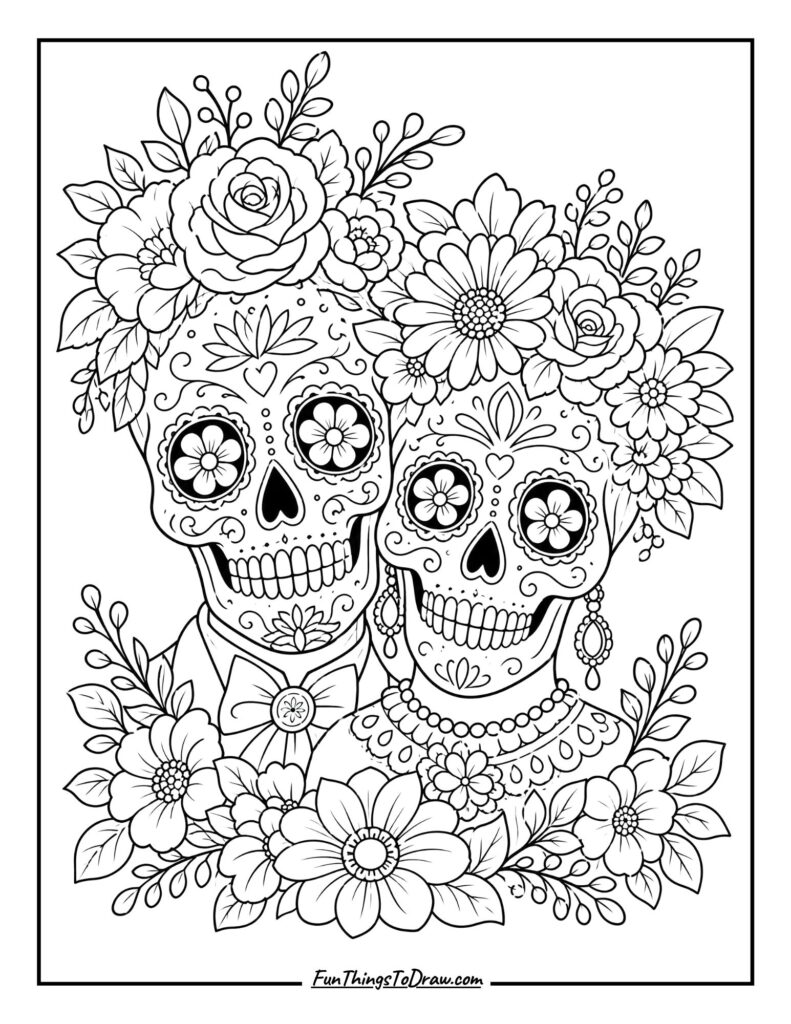 Floral Skull Duo coloring page