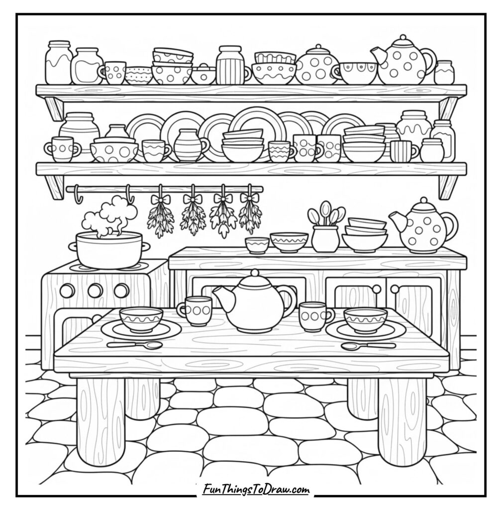 Rustic Boho Kitchen Coloring Page