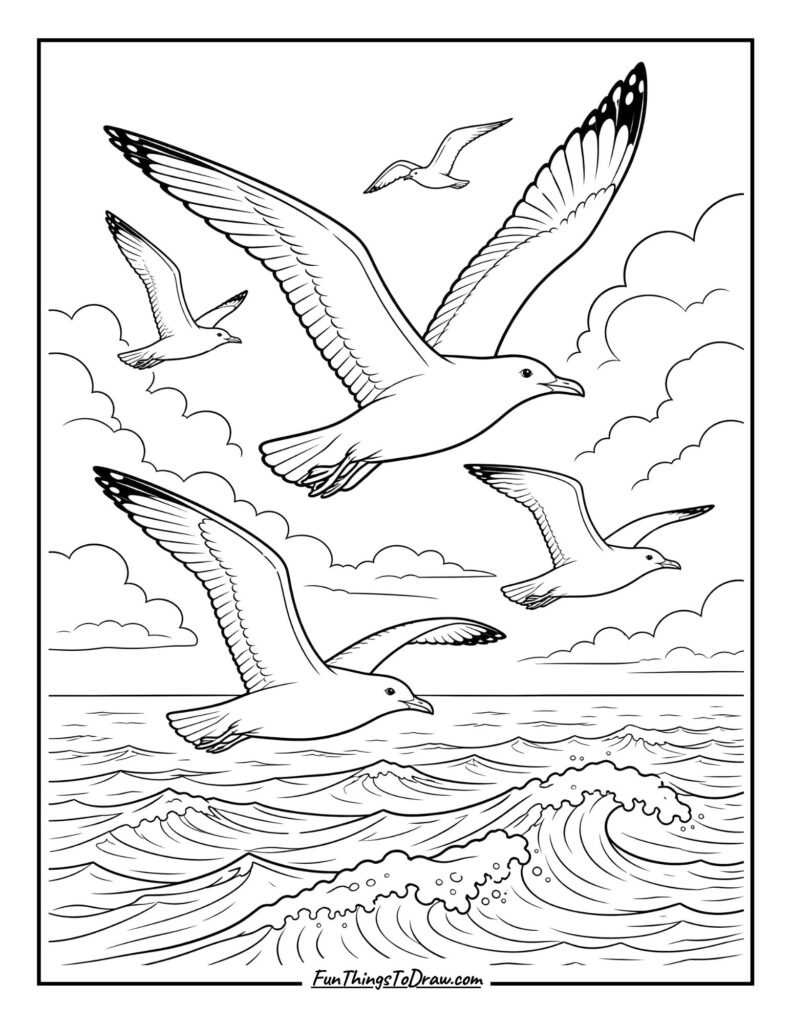 Seagulls in Flight near beach coloring page