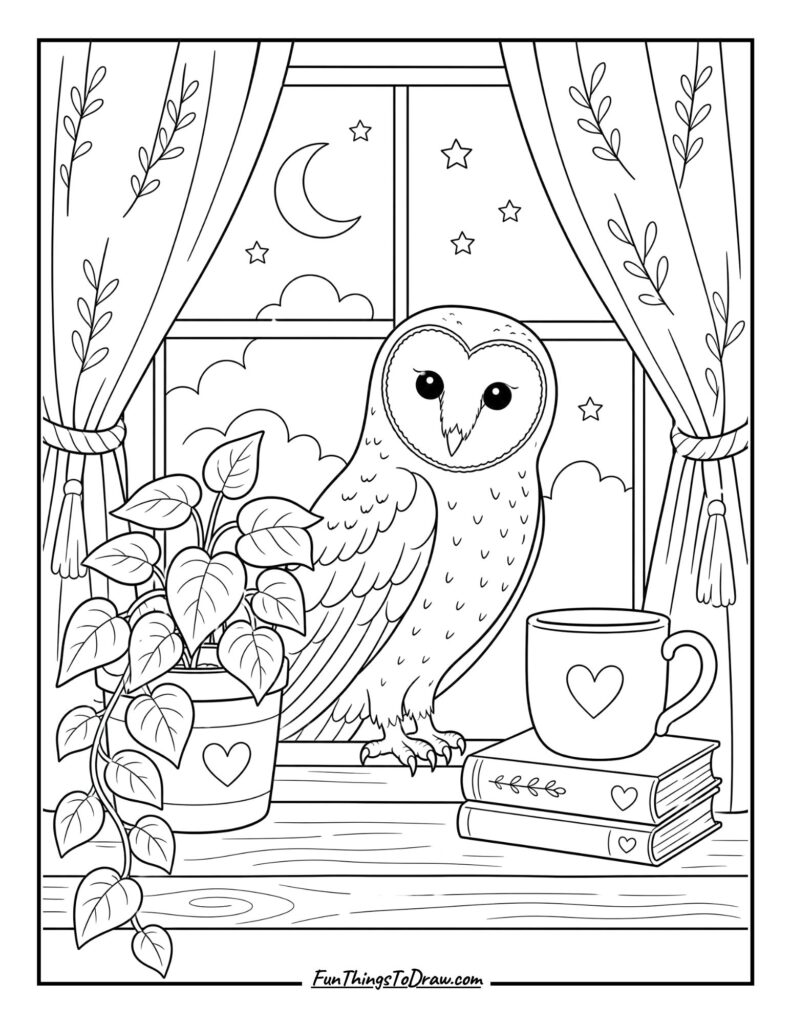 Barn Owl in a Cozy Window coloring page