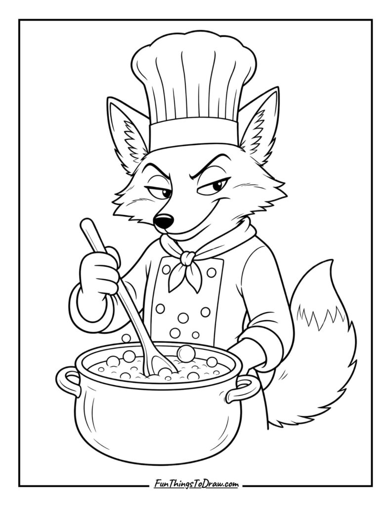 fox wearing chef's hat coloring page