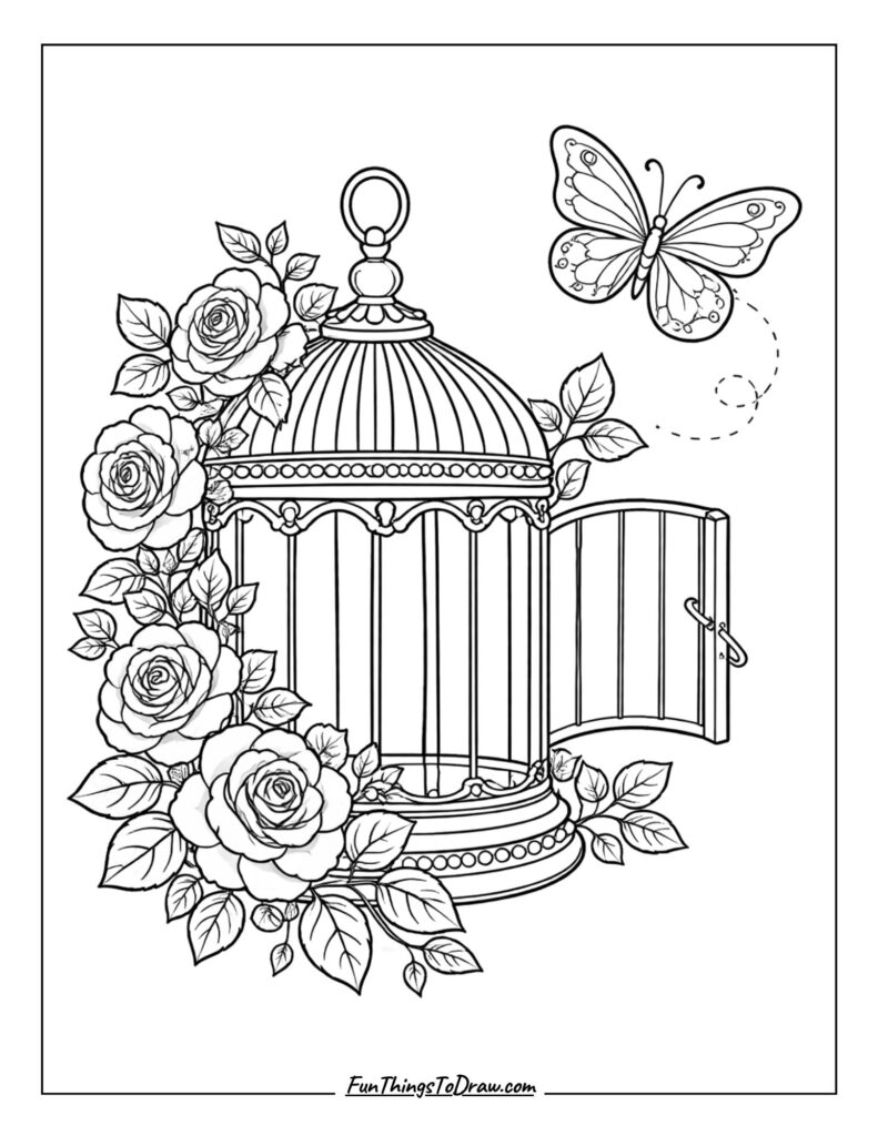 Birdcage with Roses and Butterfly Coloring Page