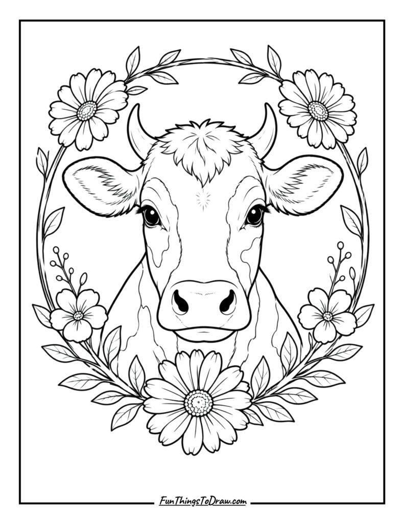 Wildflower Wreath Cow coloring page