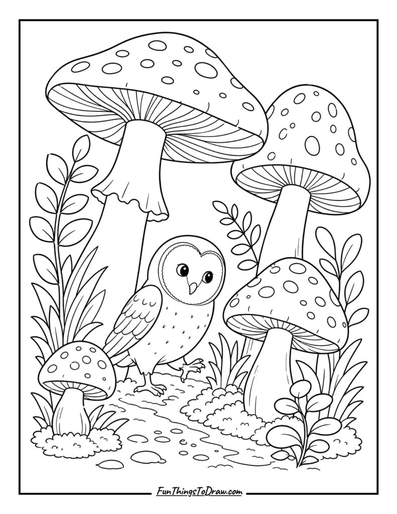 Barn Owl in a mushroom forest coloring page