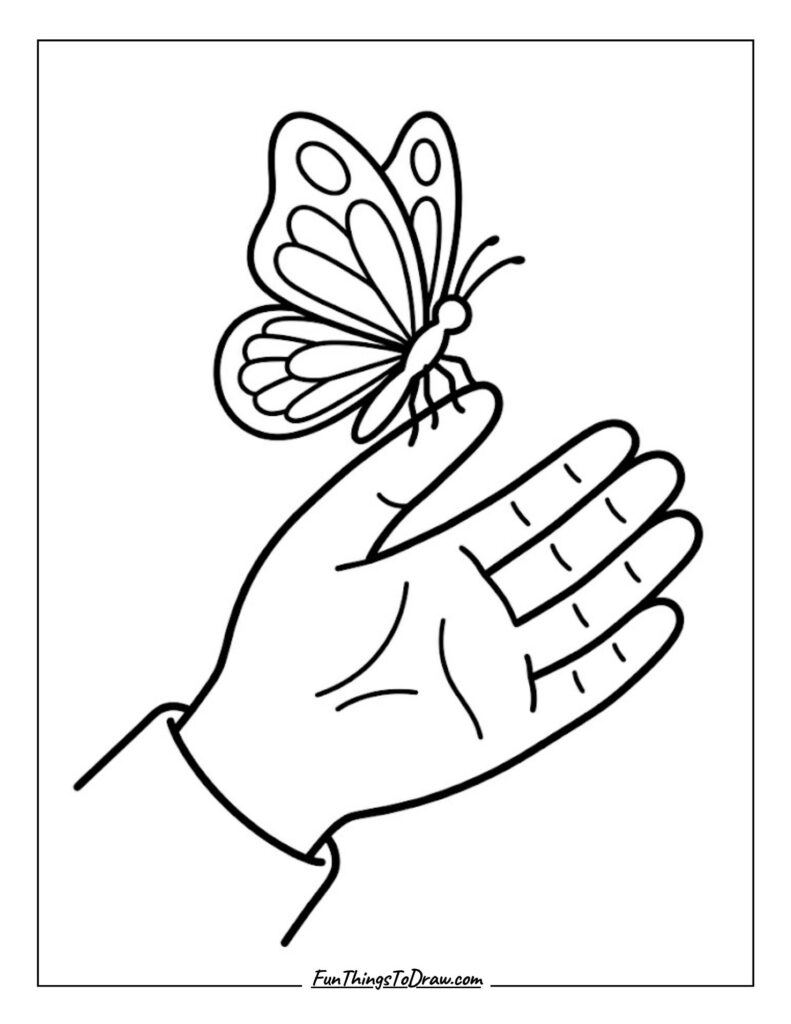 Butterfly Landing on Hand Coloring Page