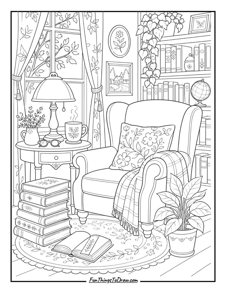 Cozy Study Nook coloring page