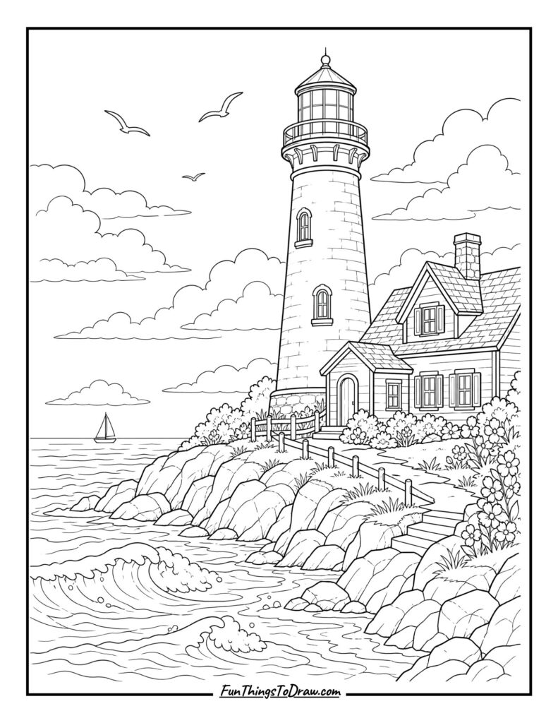 Lighthouse by the Sea (Relaxation Coloring Page)