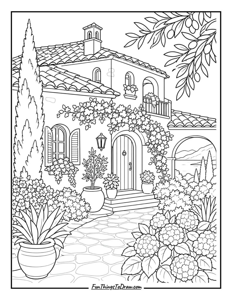 Mediterranean Villa Sunshine coloring page