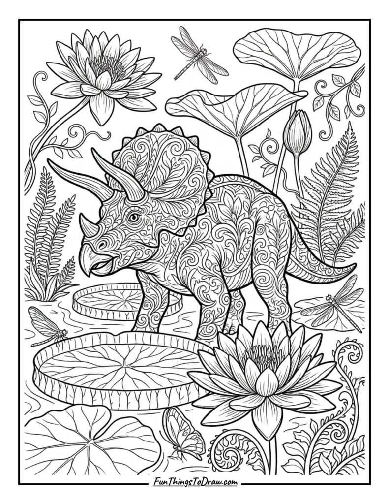 Triceratops with Giant Water Lilies coloring page