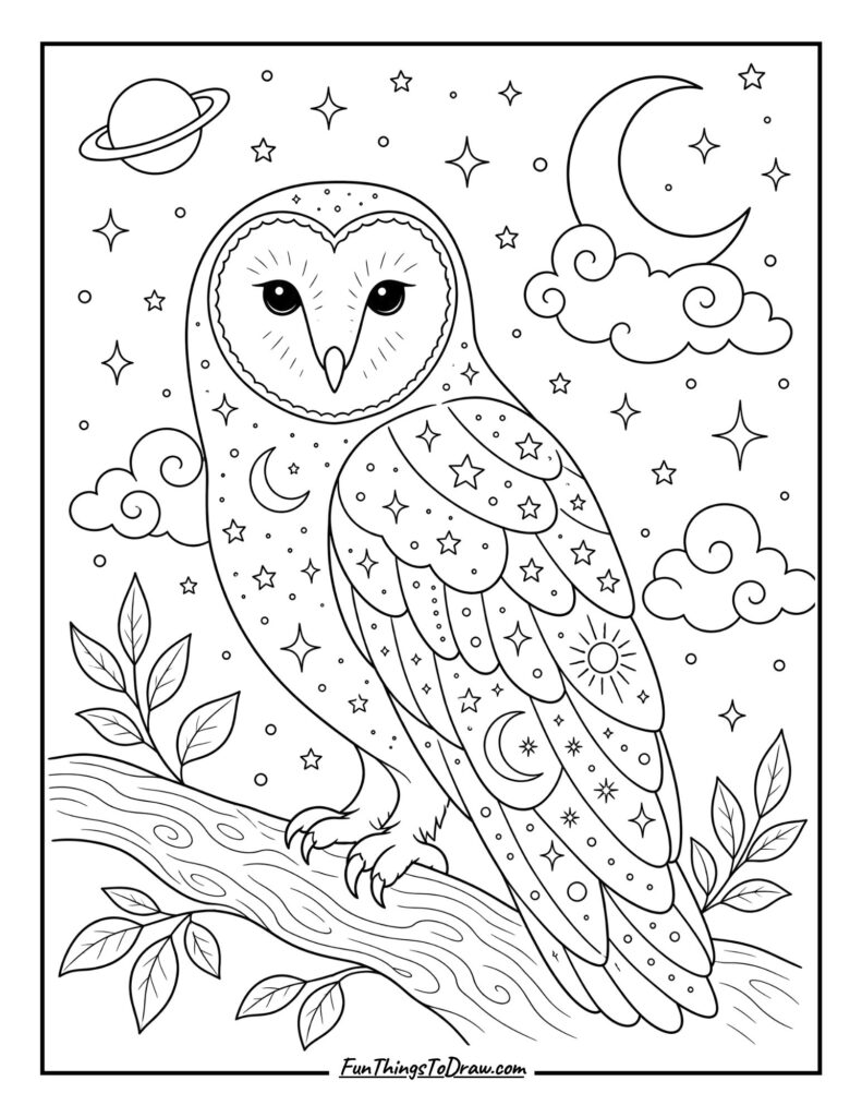 Barn Owl with a Moon and Stars