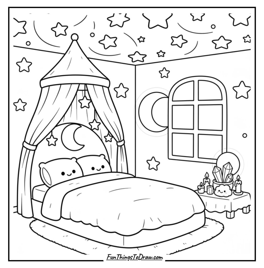 Boho Moonlit Bedroom Coloring Page